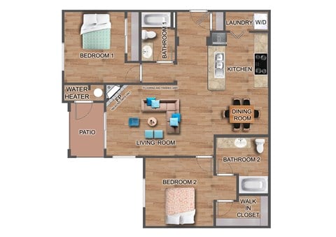 Floor plan for 2 beds, 2 baths, 1102 sqft